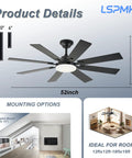 52 Inch Ceiling Fan With Light And Remote, Reversible DC Motor, Dimmable LED With 3 Color Temperatures, Timer, Whisper Quiet Black Ceiling Fan For Bedroom Living Room Indoor Outdoor Use