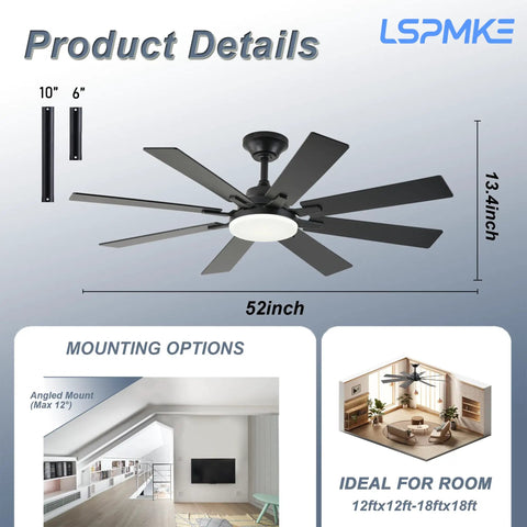 52 Inch Ceiling Fan With Light And Remote, Reversible DC Motor, Dimmable LED With 3 Color Temperatures, Timer, Whisper Quiet Black Ceiling Fan For Bedroom Living Room Indoor Outdoor Use