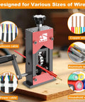 Go-To Manual Wire Stripper Machine for 0.06 to 1.18 inch wires with hand crank, showcasing various wire types like copper and aluminum.