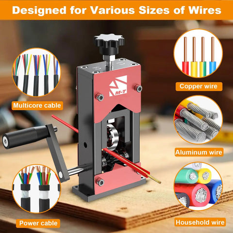 Go-To Manual Wire Stripper Machine for 0.06 to 1.18 inch wires with hand crank, showcasing various wire types like copper and aluminum.
