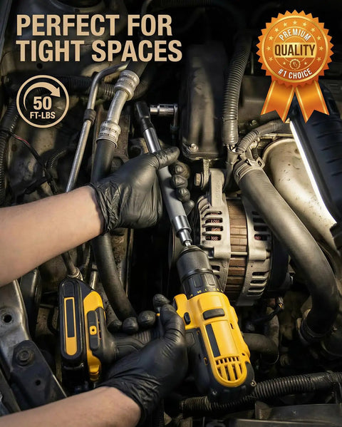 Hands using Seventeen Inch Offset Extension Wrench For Drills And Impact Tools With Three Eighths Inch Offset And Zero Degree Swing in engine bay