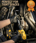 Smooth Operator Offset Extension Wrench Kit With 1/2 3/8 And 1/4 Inch Drill Adapters High Torque Impact Ratchet Extender in use on engine components.