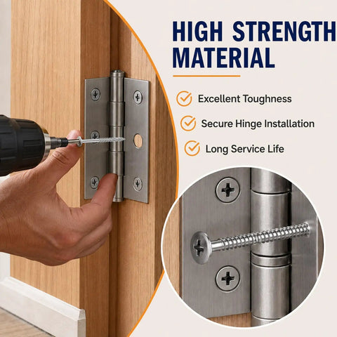 Close-up of Satin Nickel Door Hinge installation using 120 Pack Heavy Duty Nine By Three Inch Satin Nickel Door Hinge Screws.