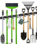 2 Pack Broom Holder Wall Mount With 4 Racks And 5 Hooks Mop Organizer Beefy Stainless Steel Heavy Duty Garage Storage Racks For Home Kitchen Garden Laundry Black holding brooms, rakes, and tools