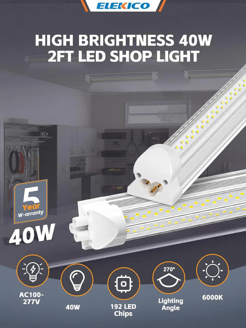 Four Pack Two Foot LED Shop Lights 6000K Bright White 40W 5600 Lumens Linkable Ceiling Light Fixtures With On Off Switch