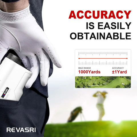 Golfer with glove holding 1000 Yard Golf Rangefinder With Slope And Pin Lock Vibration External Slope Switch Tournament Legal Rechargeable