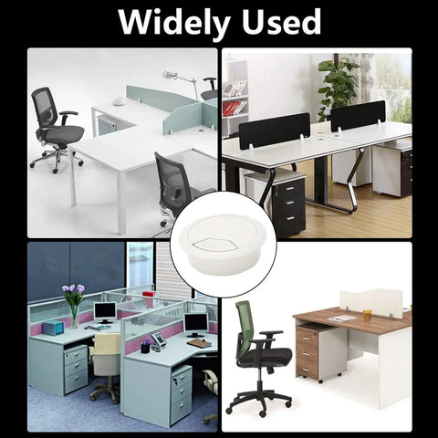 Collage of office desks with 2 Inch Desk Grommet Kit Five Pack No Fuss For Easy Cable Management And Wire Organization, white grommet close-up.