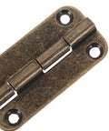 Close-up of antique bronze 12 Pack Small Iron Hinges With Rounded Corners And Four-Hole Mounting for home renovations.