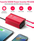 Portable 300W Power Inverter Converts Dc 12V To Ac 110V With Dual Ac Outlets And Usb C Pd 65W Usb A Fast Charge Ports, red design