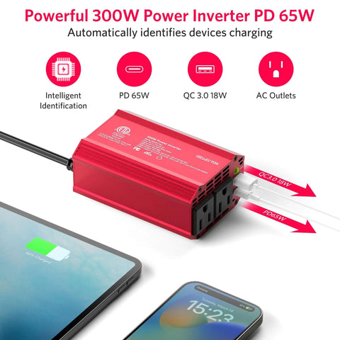 Portable 300W Power Inverter Converts Dc 12V To Ac 110V With Dual Ac Outlets And Usb C Pd 65W Usb A Fast Charge Ports, red design