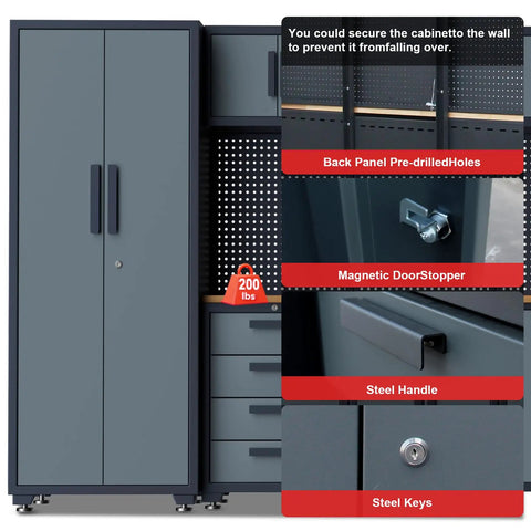 Tough As Nails 16 Piece Metal Garage Cabinet Collection with steel handles, magnetic door stopper, and pre-drilled holes.