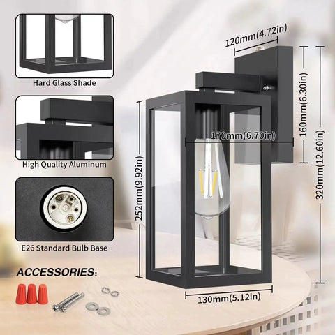 Two Pack Dusk To Dawn Outdoor Wall Lanterns With Sensor Matte Black Exterior Porch Lights E26 Base Socket dimensions and details