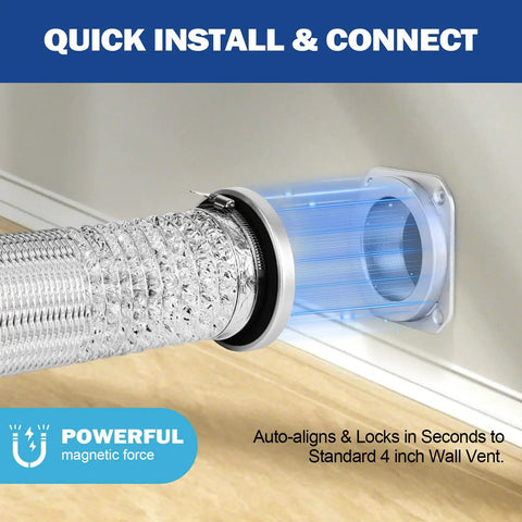 Magnetic Dryer Vent Connector Kit 4 Inch Flexible Duct Hose 3.3 Ft For Tight Spaces Fast Quick Connect In One Second Easy Clean Access No Kink Design Includes 2 Clamps showing quick install and connect feature