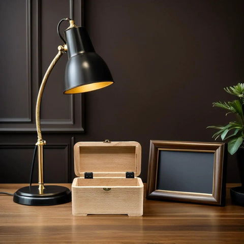 Wooden box on desk with Three Fold Corner Iron Hinges With Six Hole Mounting for trunks and cabinets, lamp nearby
