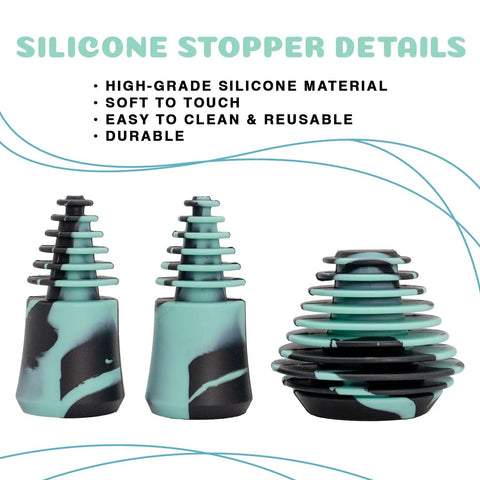 Glass Cleaning Plugs 3pc Silicone Stoppers Set For Reusable Glass Cleaner Accessory in teal and black with spiral design