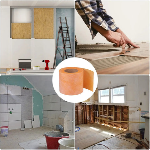 Waterproof Tile Underlayment Membrane For Shower And Bathroom Floors With Heavy Duty PE Fabric Uncoupling Barrier 5 Inch By 100 Foot Roll installation in progress.