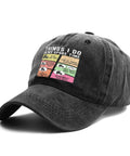 Funny RV Caravan Lover Hat For Travelers Unisex Baseball Cap with road trip graphic and text, curved brim, black cotton blend.