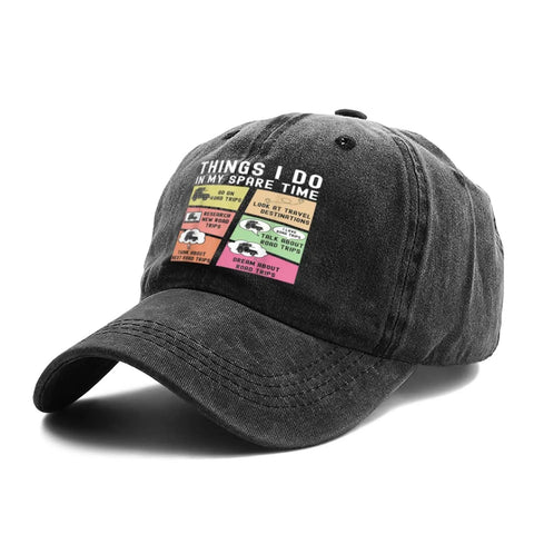 Funny RV Caravan Lover Hat For Travelers Unisex Baseball Cap with road trip graphic and text, curved brim, black cotton blend.