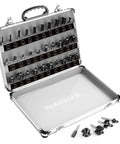 Router Bit Set One Quarter Inch Shank 30 Piece Tungsten Carbide Bits With Aluminum Box open showing organized bits