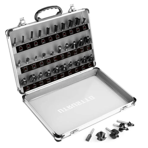 Router Bit Set One Quarter Inch Shank 30 Piece Tungsten Carbide Bits With Aluminum Box open showing organized bits