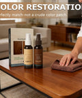 Two Piece Wood Repair Kit For Floors And Furniture Repair Scratches And Nicks Easy Fix That Restores Finish No Sanding Needed Includes Towels For Hardwood Floors Wood Cabinets And Furniture visible with person using cloth on table