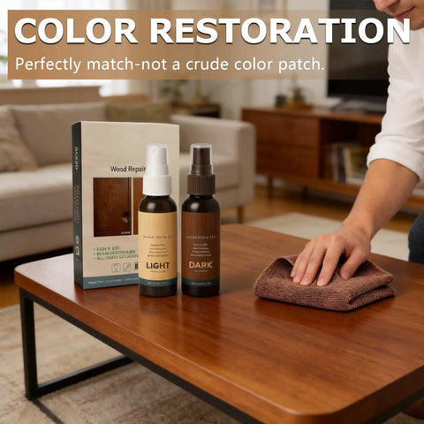 Two Piece Wood Repair Kit For Floors And Furniture Repair Scratches And Nicks Easy Fix That Restores Finish No Sanding Needed Includes Towels For Hardwood Floors Wood Cabinets And Furniture visible with person using cloth on table