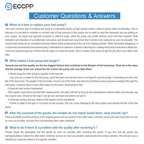 ECCPP customer questions and answers document about fuel pump replacement and troubleshooting.