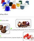 Coffee capsules in various colors with examples of use for coffee, health powder, freeze-dried powder, tea leaves, and espresso liquid.