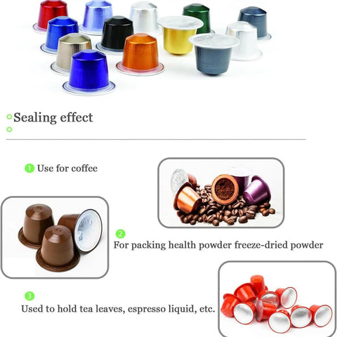 Coffee capsules in various colors with examples of use for coffee, health powder, freeze-dried powder, tea leaves, and espresso liquid.