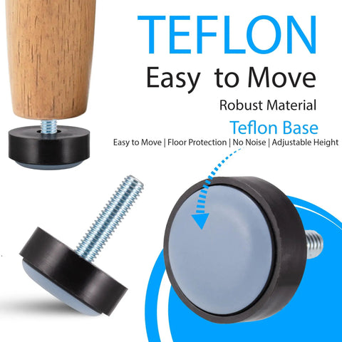 M6 furniture levelers with Teflon bottom glides for smooth repositioning, durable hard plastic ideal for various table legs, 8 pack.