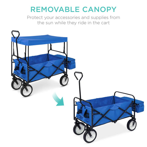 Grab And Go Collapsible Outdoor Utility Wagon With Removable Canopy For Beach Picnics Camping And Tailgates, blue canopy, folded view