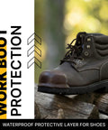 Brown work boot with Rugged Boot Toe Protector Adhesive For Shoes And Work Boots, Waterproof, Heat Resistant, Heavy Duty Toe Shield