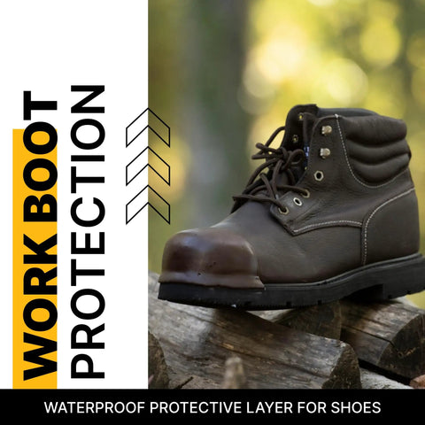 Brown work boot with Rugged Boot Toe Protector Adhesive For Shoes And Work Boots, Waterproof, Heat Resistant, Heavy Duty Toe Shield