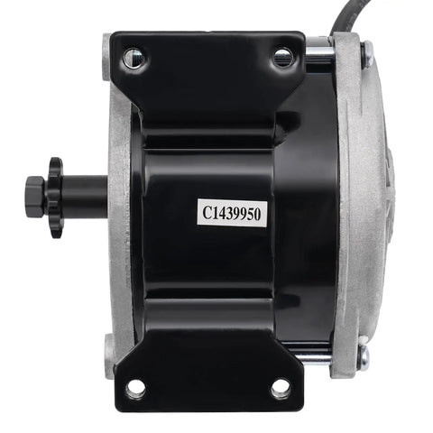 Built Tough 24V DC 500W Brushed Electric Motor With Integrated Gear Reduction For Electric Scooter And Ebike Drive 1700 RPM High Torque close-up view showing motor housing and shaft.