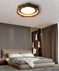 Top Shelf Wood Grain Led Ceiling Light Fixture, Solid Flush Mount With Mid Century Modern Vibe, installed in a stylish bedroom.