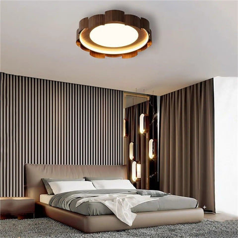 Top Shelf Wood Grain Led Ceiling Light Fixture, Solid Flush Mount With Mid Century Modern Vibe, installed in a stylish bedroom.