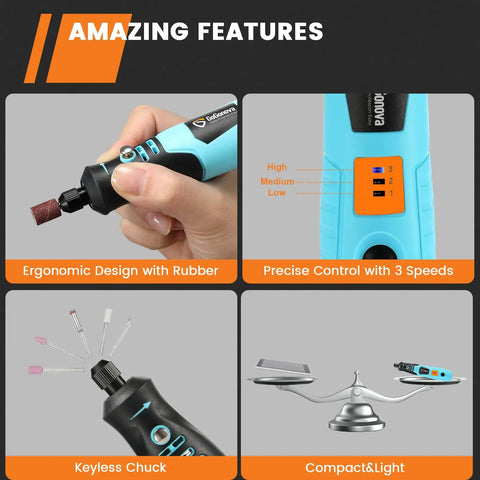 All Purpose Cordless Rotary Tool With Three Speed Settings 5000 12000 18000 RPM ergonomic design with rubber grip