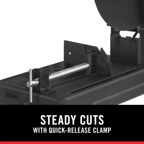 Heavy Duty Chop Saw Workhorse 15 Amp 14 Inch With 3800 RPM Motor Quick Release Material Clamp Miter Fence For 0 To 45 Degree Cuts Rugged Metal Cutting Tool For Quick Precise Metal Work