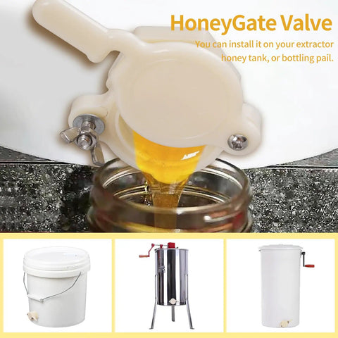 Food Grade Plastic Honey Gate Valve Set For 5 Gallon Buckets with nylon barrel and stainless screws, honey flowing from valve