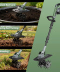 Powerful Cordless Garden Tiller Cultivator with 20V Battery No Gas 360RPM Electric Rototiller shown in raised bed care and weeding.