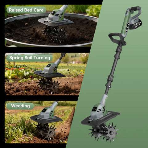 Powerful Cordless Garden Tiller Cultivator with 20V Battery No Gas 360RPM Electric Rototiller shown in raised bed care and weeding.