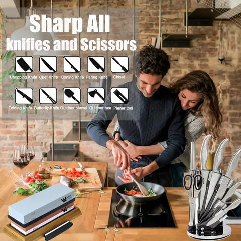 Pro Grade Knife Sharpening Stone Kit With 400 1000 And 3000 8000 Grit Wet Whetstones, Non Slip Bamboo Base, kitchen use display.