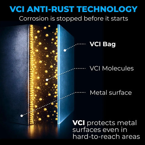 Heavy Duty Reclosable Poly Bags 8x10 Inches Pack of 15, 4 Mil Thick, Rustproof Shield With Vapor Corrosion Inhibitor, Fits Metal, Electronics, Machinery, Automotive Parts, Waterproof Packaging for Long-Lasting Protection showing VCI anti-rust protection