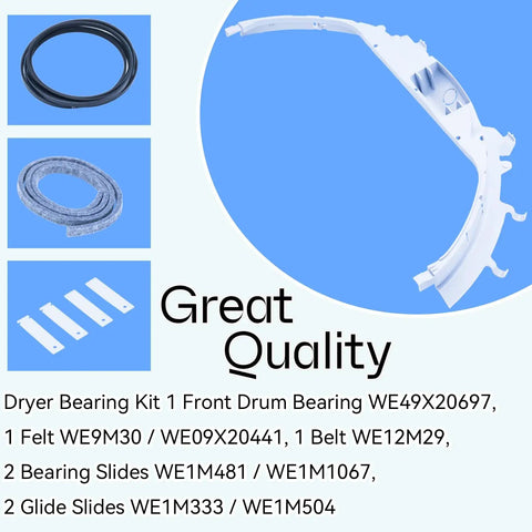 Dryer Drum Bearing Kit For Most Home Dryers, Quiet Replacement That Ends Squeaking And Grinding, Stops Black Marks From Worn Bearings And Slides, Easy DIY Install, Restores Quiet, Smooth, Efficient Drying Performance. Dryer bearing kit with belt, felt, and slides