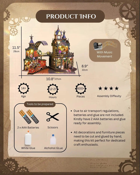 Product information for Dope Steampunk Train Station DIY Miniature House Kit With Victorian Fantasy Railtrack City Dollhouse Wood 3D Puzzle For Tiny House Nook And Holiday Decor, including dimensions and assembly details.