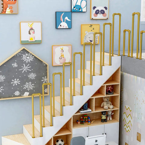 Gold U Shaped Stair Handrail features no sweat install and dang sturdy wrought iron construction for safe grip on indoor steps.