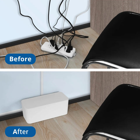 Before and after image of power strip cords managed with Two Pack Cable Management Box Set To Hide Power Strips On Desk Or Floor.