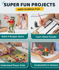 Electricity Science Kit For Kids 8 To 14 Lets Them Build Volt E The DIY Electric Robot With Lights And Real Sounds Learn Circuits And Electronics Kid Friendly Safe Hands On STEM Learning For Curious Makers showing circuit experiments