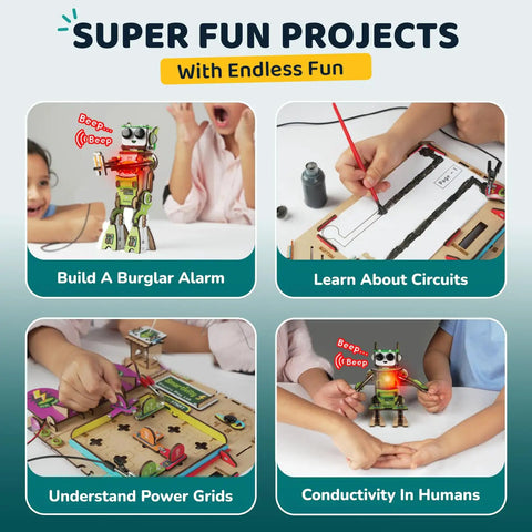 Electricity Science Kit For Kids 8 To 14 Lets Them Build Volt E The DIY Electric Robot With Lights And Real Sounds Learn Circuits And Electronics Kid Friendly Safe Hands On STEM Learning For Curious Makers showing circuit experiments