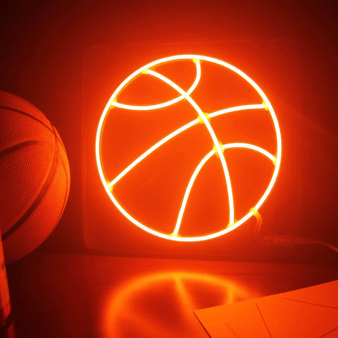 Basketball Neon Sign LED Light 11.8 Inch for Bedroom Decor and Game Room Aesthetic glowing orange on tabletop